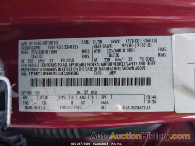 FORD ESCAPE SEL, 1FMCU0H63LUC49086