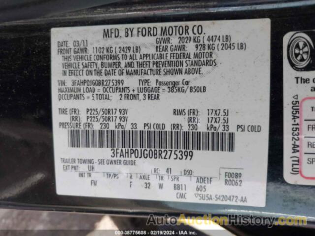 FORD FUSION SEL, 3FAHP0JG0BR275399