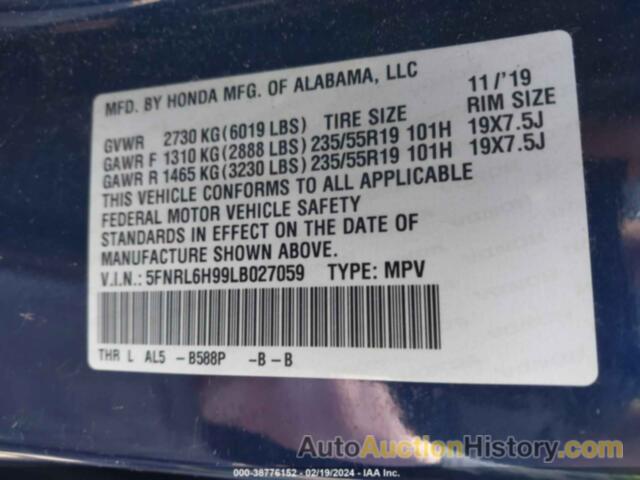 HONDA ODYSSEY ELITE, 5FNRL6H99LB027059