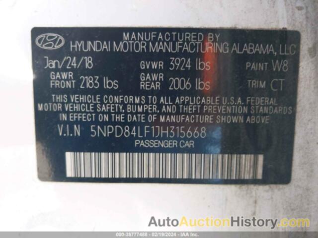 HYUNDAI ELANTRA SEL, 5NPD84LF1JH315668