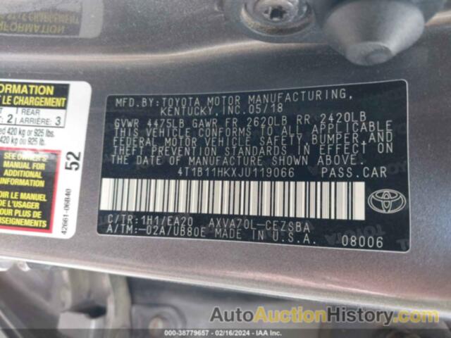 TOYOTA CAMRY L/LE/XLE/SE/XSE, 4T1B11HKXJU119066