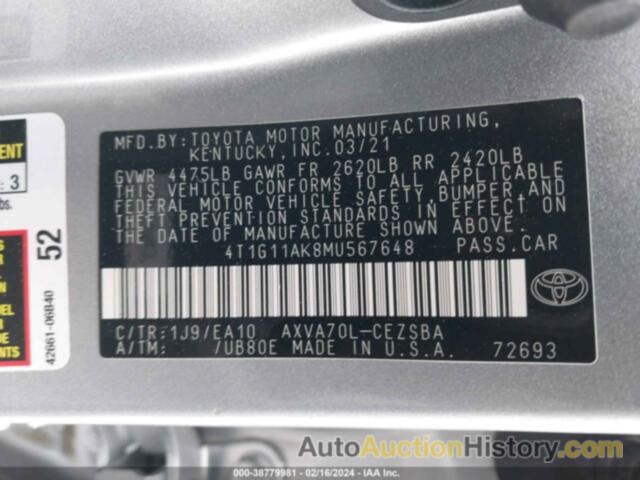 TOYOTA CAMRY SE, 4T1G11AK8MU567648