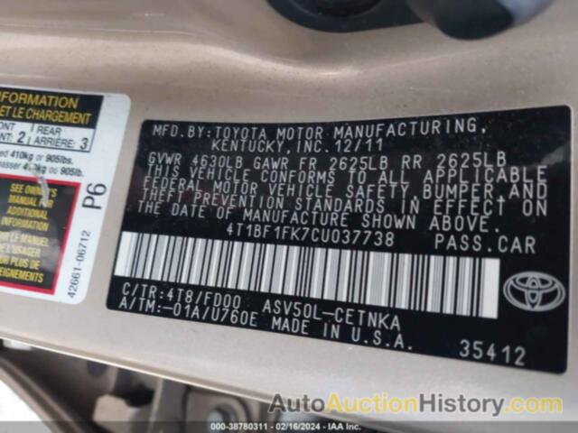 TOYOTA CAMRY SE/LE/XLE, 4T1BF1FK7CU037738