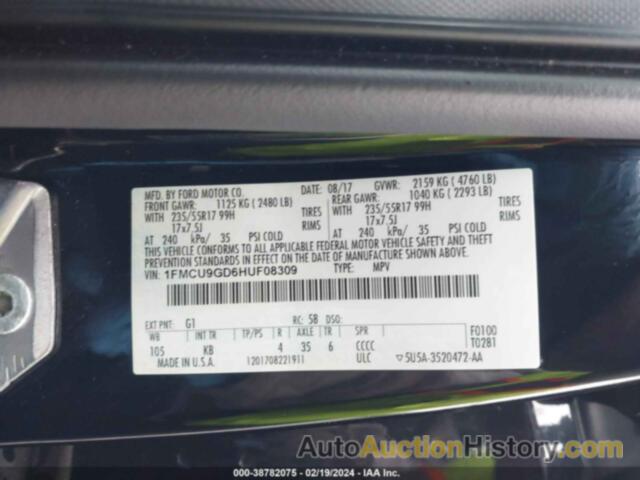 FORD ESCAPE SE, 1FMCU9GD6HUF08309