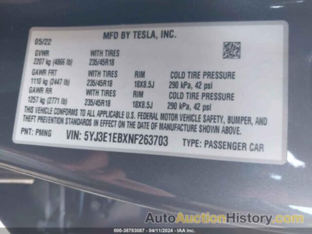 TESLA MODEL 3 LONG RANGE DUAL MOTOR ALL-WHEEL DRIVE, 5YJ3E1EBXNF263703