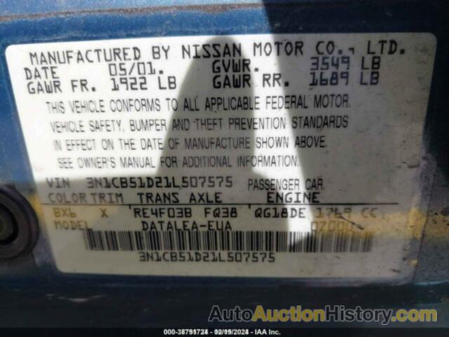 NISSAN SENTRA GXE, 3N1CB51D21L507575