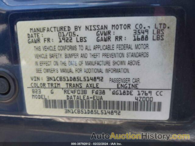 NISSAN SENTRA 1.8/1.8S, 3N1CB51D85L514892