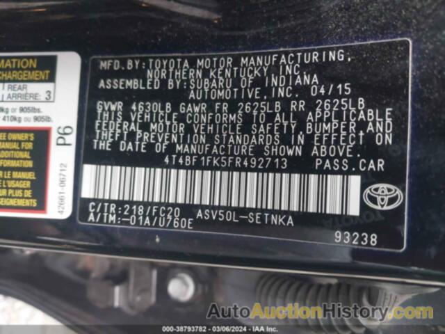 TOYOTA CAMRY LE, 4T4BF1FK5FR492713
