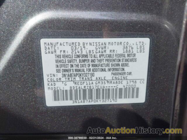 NISSAN SENTRA S/SV/SR/SL, 3N1AB7AP0KY327190