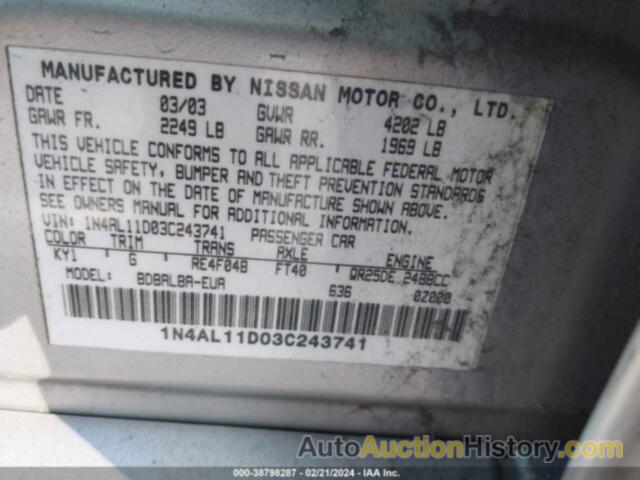 NISSAN ALTIMA 2.5 SL, 1N4AL11D03C243741