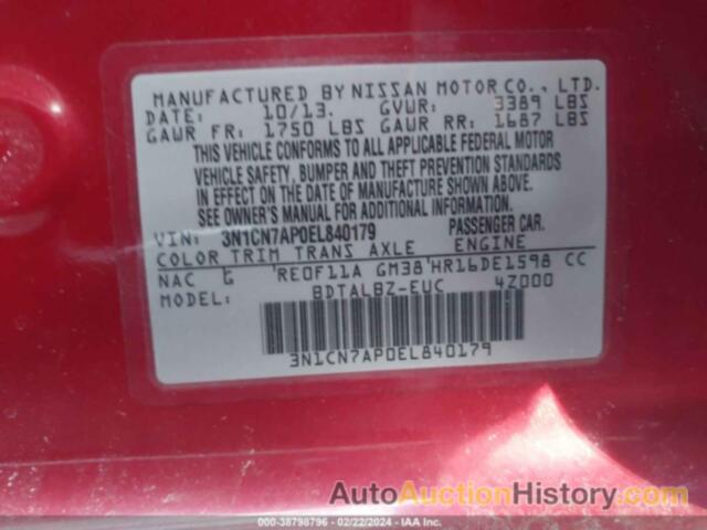 NISSAN VERSA S/S PLUS/SV/SL, 3N1CN7AP0EL840179