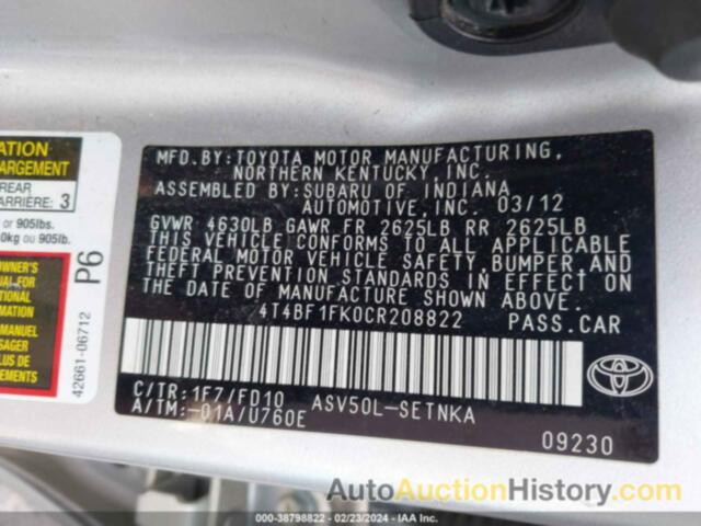 TOYOTA CAMRY LE, 4T4BF1FK0CR208822