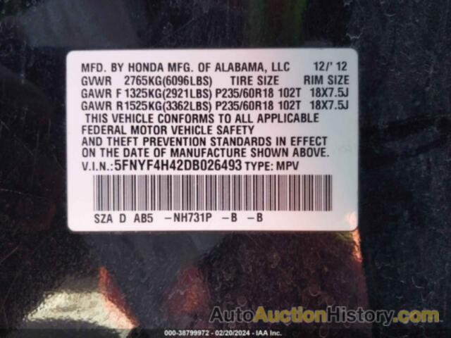 HONDA PILOT EX, 5FNYF4H42DB026493