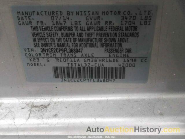 NISSAN VERSA NOTE SV, 3N1CE2CP9FL368047