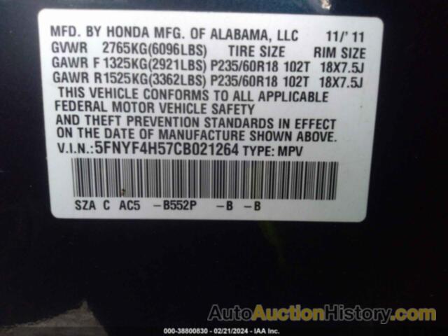 HONDA PILOT EXL, 5FNYF4H57CB021264