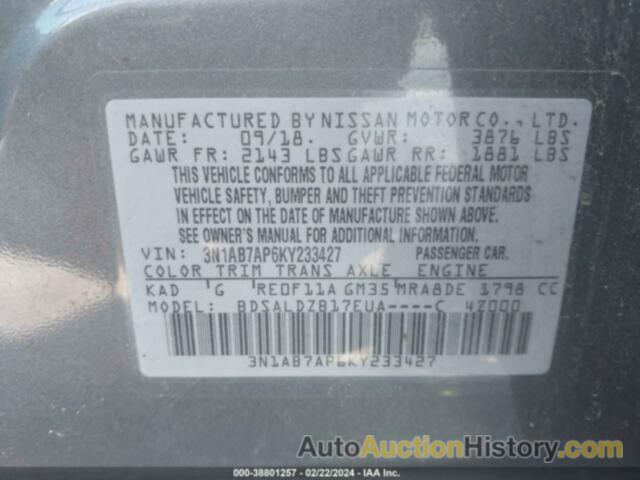 NISSAN SENTRA S/SV/SR/SL, 3N1AB7AP6KY233427