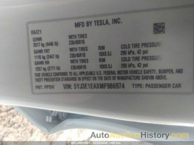TESLA MODEL 3 STANDARD RANGE PLUS REAR-WHEEL DRIVE, 5YJ3E1EAXMF986974
