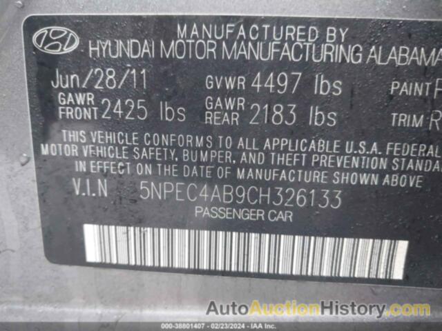 HYUNDAI SONATA SE/LIMITED, 5NPEC4AB9CH326133