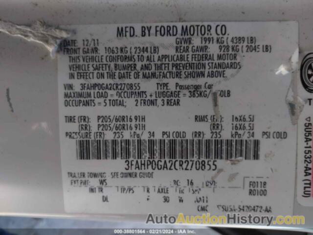 FORD FUSION S, 3FAHP0GA2CR270855