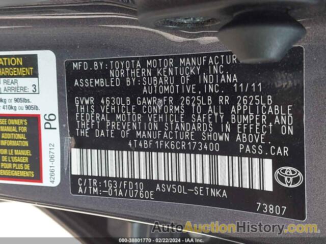 TOYOTA CAMRY LE, 4T4BF1FK6CR173400