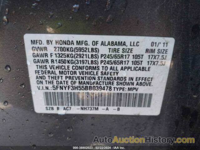 HONDA PILOT EXL, 5FNYF3H55BB039478