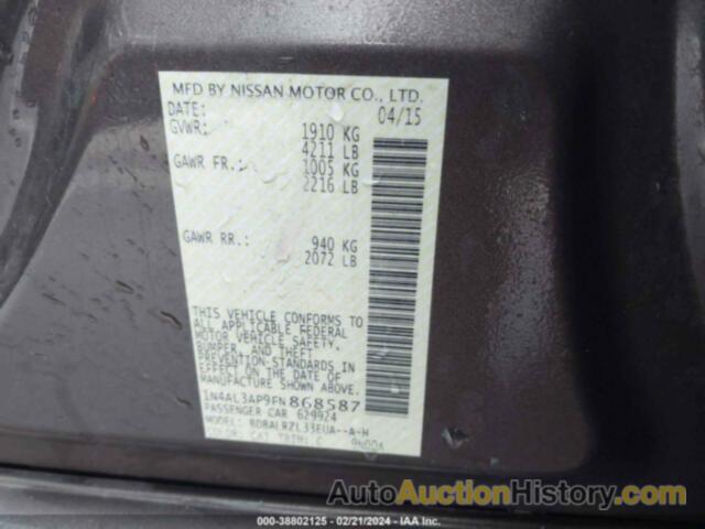 NISSAN ALTIMA 2.5/S/SV/SL, 1N4AL3AP9FN868587