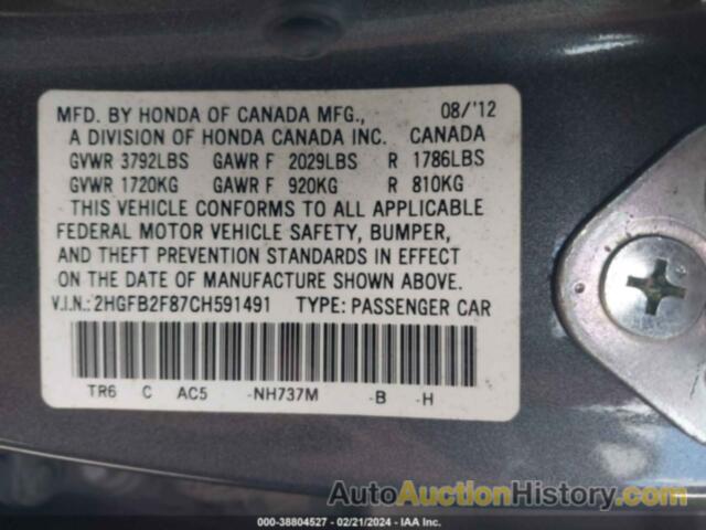 HONDA CIVIC EX, 2HGFB2F87CH591491