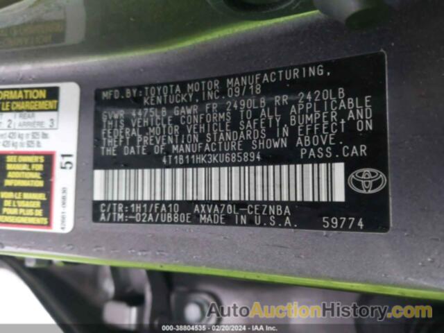 TOYOTA CAMRY LE, 4T1B11HK3KU685894