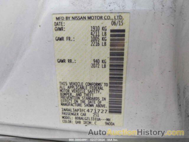 NISSAN ALTIMA 2.5 S, 1N4AL3AP3FC471727