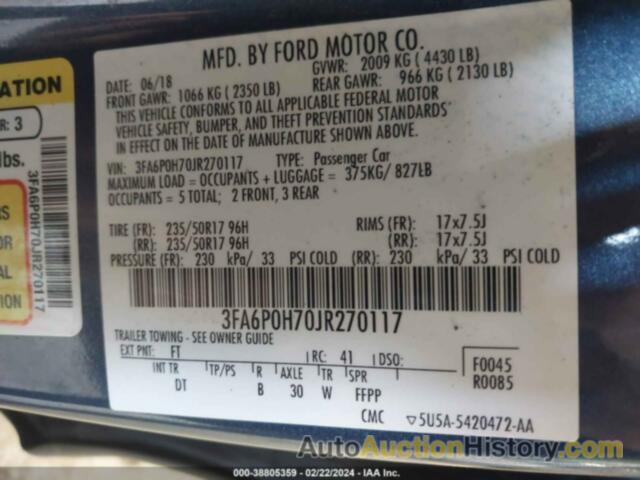 FORD FUSION SE, 3FA6P0H70JR270117