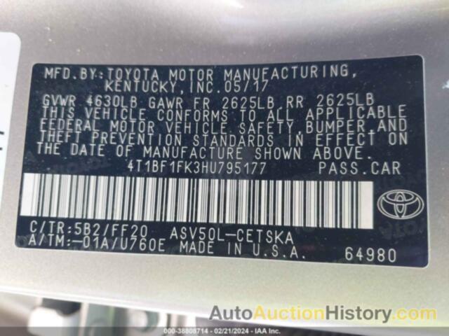 TOYOTA CAMRY LE/XLE/SE/XSE, 4T1BF1FK3HU795177