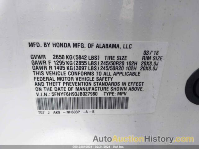 HONDA PILOT TOURING, 5FNYF6H93JB027980