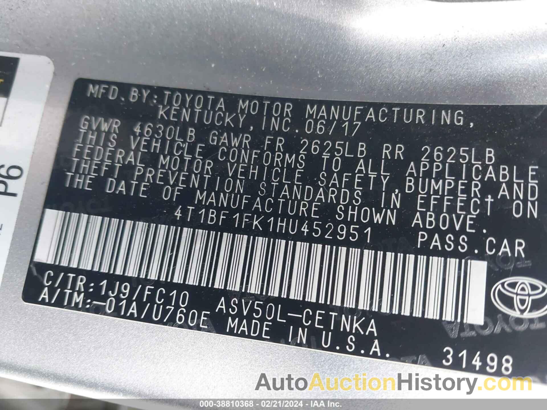 TOYOTA CAMRY LE/XLE/SE/XSE, 4T1BF1FK1HU452951