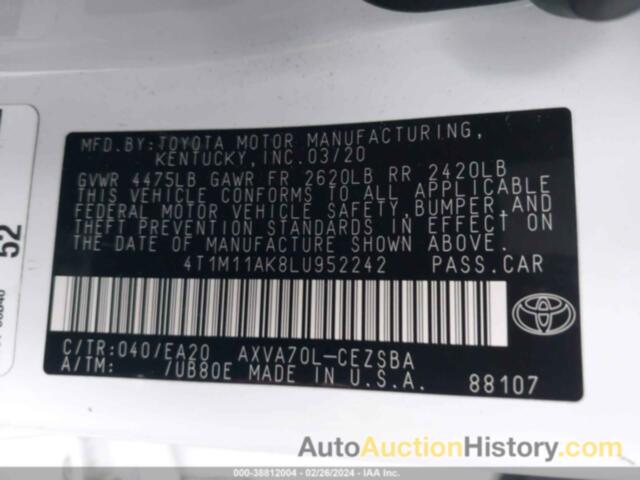 TOYOTA CAMRY, 4T1MT1AK8LU952242