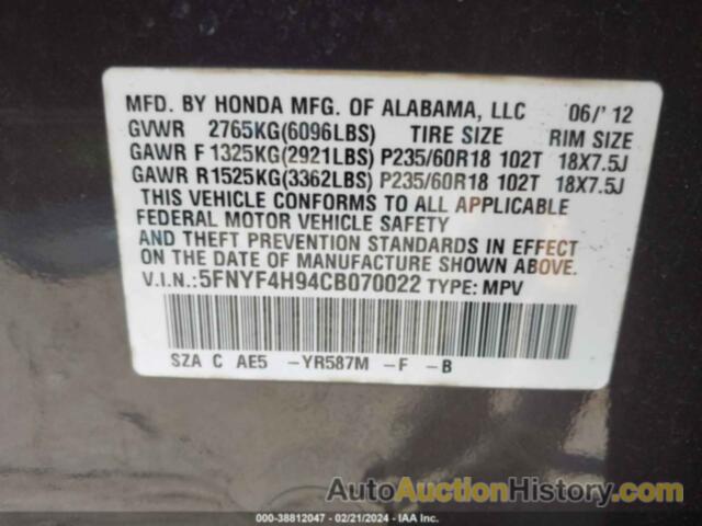 HONDA PILOT TOURING, 5FNYF4H94CB070022