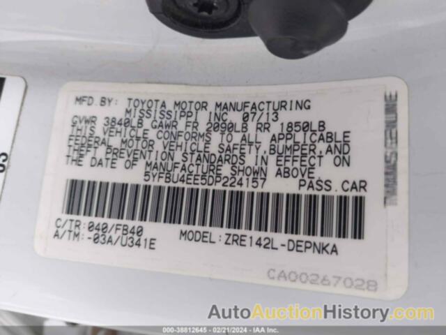 TOYOTA COROLLA S/LE, 5YFBU4EE5DP224157