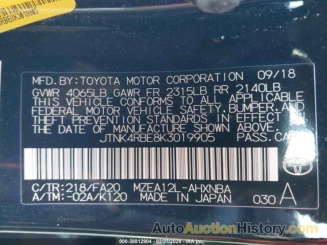 TOYOTA COROLLA SE/XSE, JTNK4RBE8K3019905