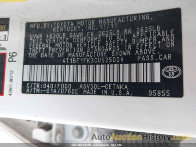 TOYOTA CAMRY SE/LE/XLE, 4T1BF1FK3CU525004