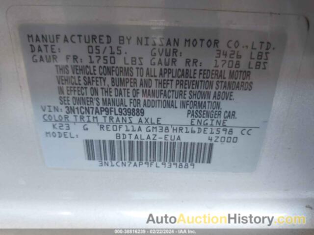 NISSAN VERSA 1.6 S+, 3N1CN7AP9FL939889