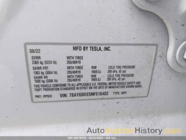 TESLA MODEL Y LONG RANGE DUAL MOTOR ALL-WHEEL DRIVE, 7SAYGDEE5NF518403