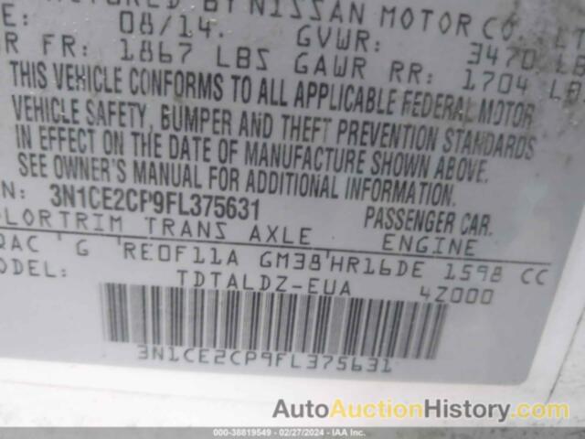 NISSAN VERSA NOTE S (SR)/S PLUS/SL/SR/SV, 3N1CE2CP9FL375631