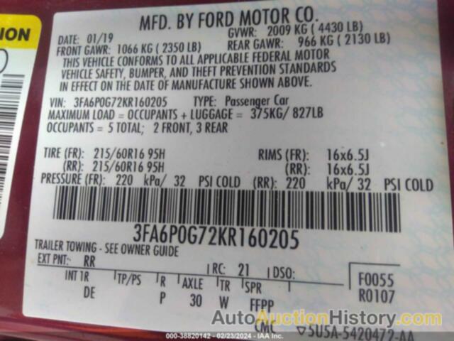 FORD FUSION S, 3FA6P0G72KR160205