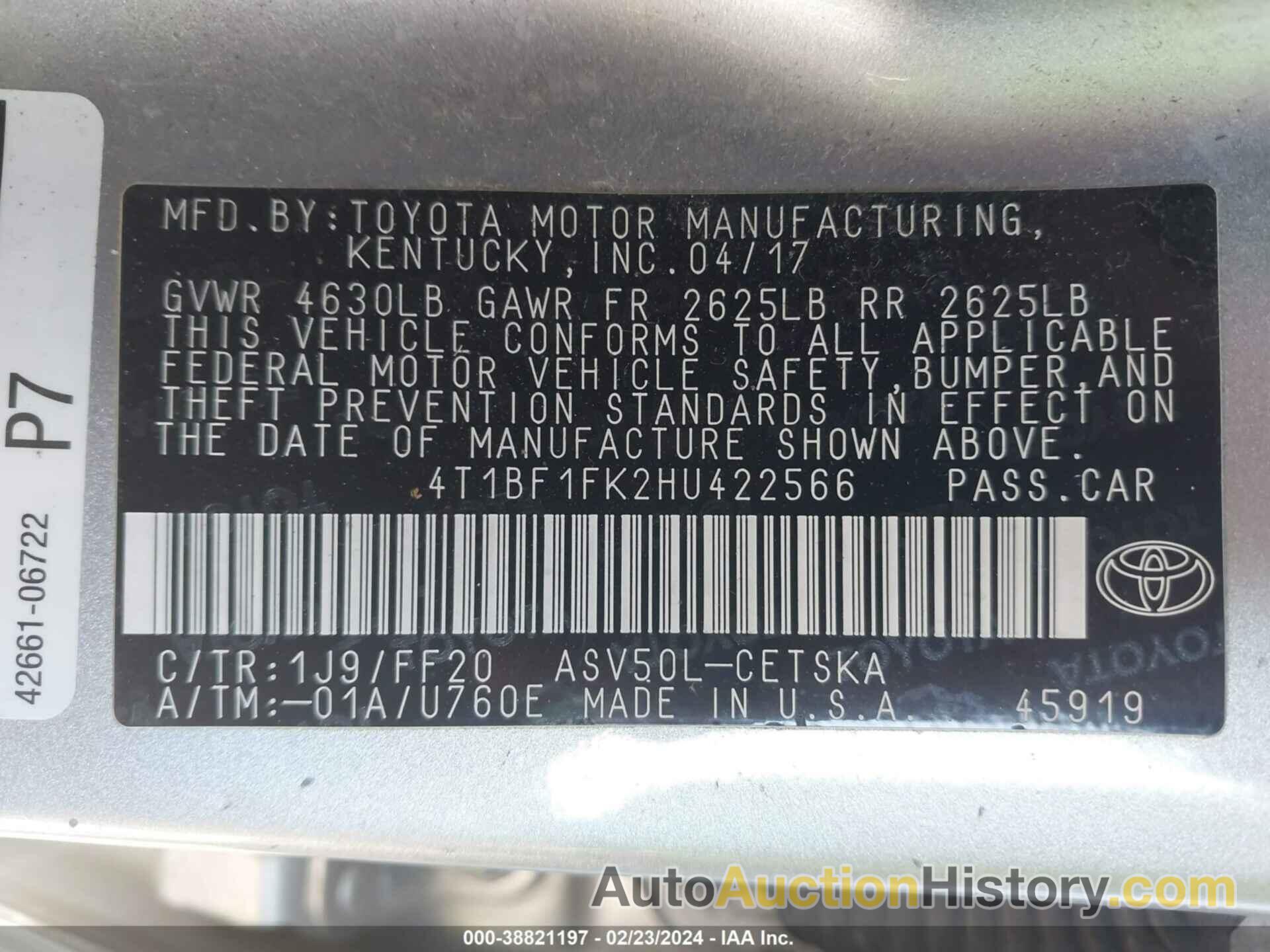 TOYOTA CAMRY LE/XLE/SE/XSE, 4T1BF1FK2HU422566