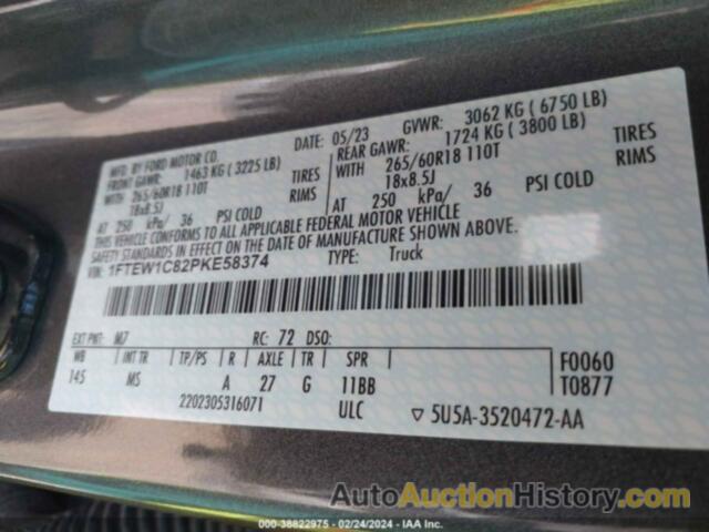 FORD F150 SUPERCREW, 1FTEW1C82PKE58374