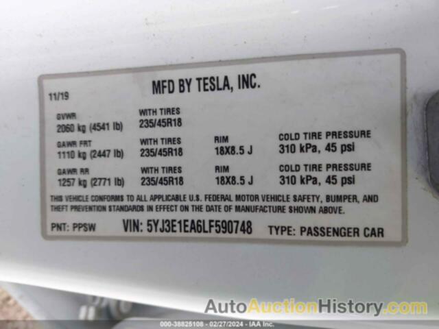 TESLA MODEL 3 STANDARD RANGE PLUS REAR-WHEEL DRIVE/STANDARD RANGE REAR-WHEEL DRIVE, 5YJ3E1EA6LF590748