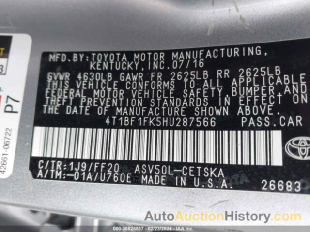 TOYOTA CAMRY LE/XLE/SE/XSE, 4T1BF1FK5HU287566