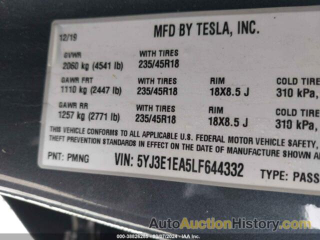 TESLA MODEL 3 STANDARD RANGE PLUS REAR-WHEEL DRIVE/STANDARD RANGE REAR-WHEEL DRIVE, 5YJ3E1EA5LF644332