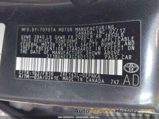 TOYOTA COROLLA LE, 2T1BU4EEXCC801103