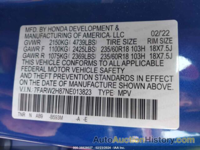 HONDA CR-V AWD EX-L, 7FARW2H87NE013823