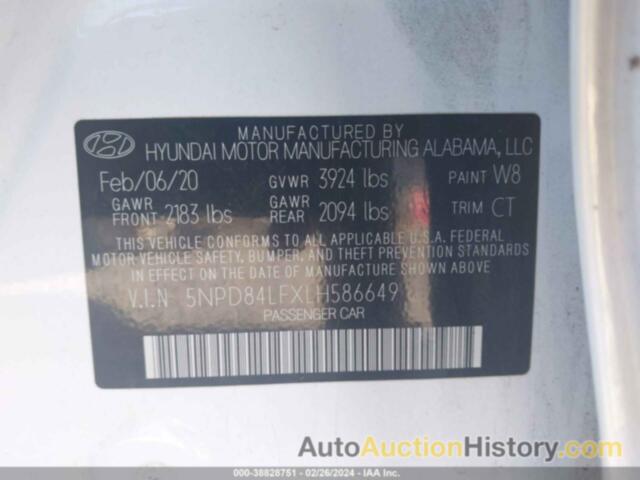 HYUNDAI ELANTRA SEL, 5NPD84LFXLH586649